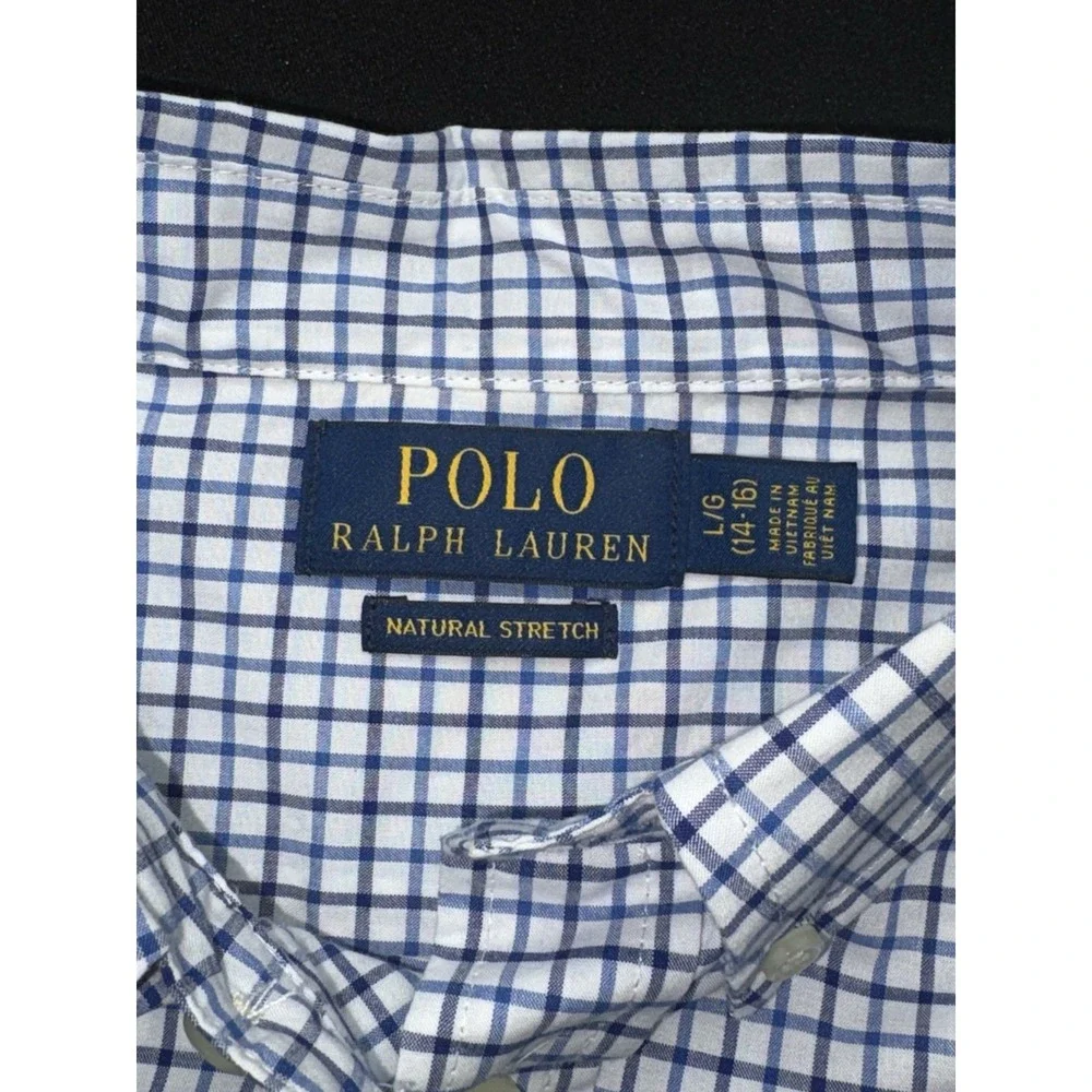 Ralph Lauren Boys Natural Stretch Blue White Check Button Down Shirt Large 14-16